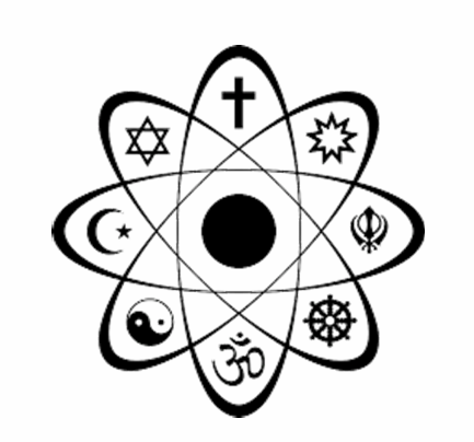 Religious Unity Symbol - Atom structure with various religious symbols
